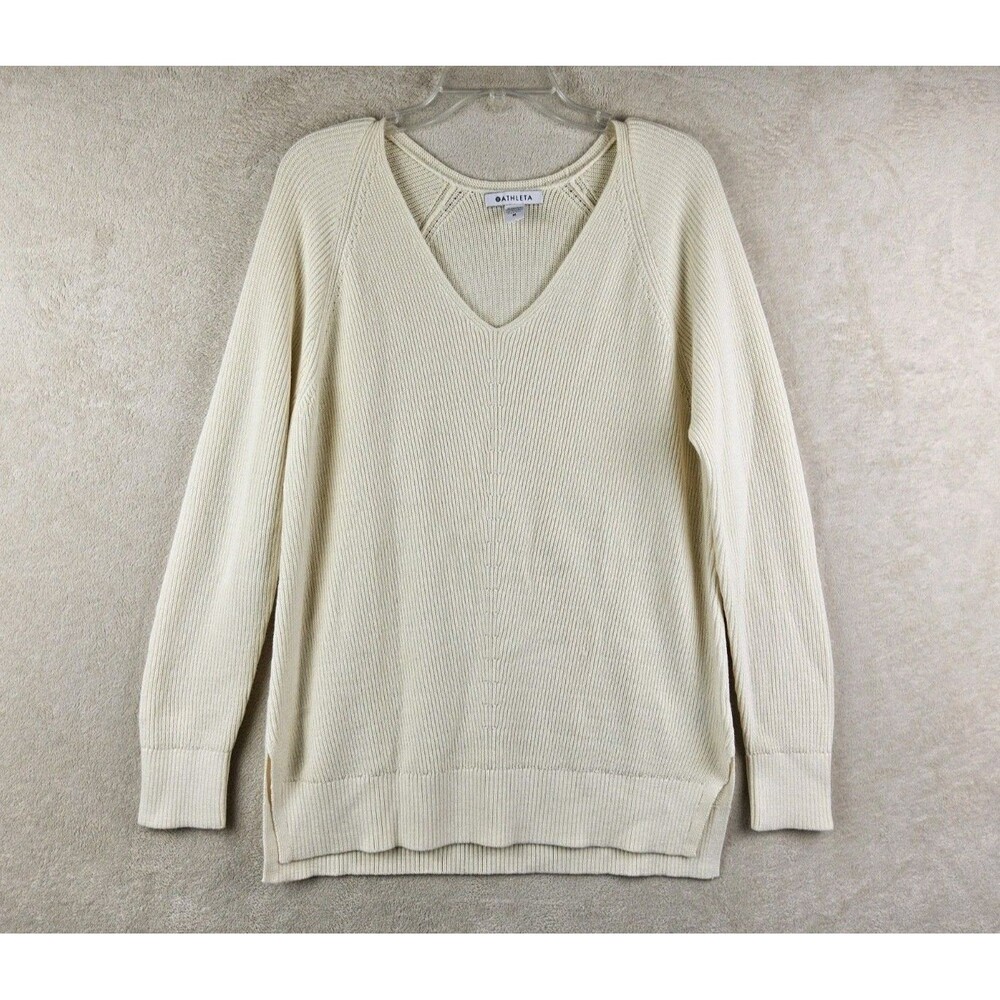 Athleta Women's Merino Wool Blend Long Sleeve V Neck Sweater Ivory Size M
